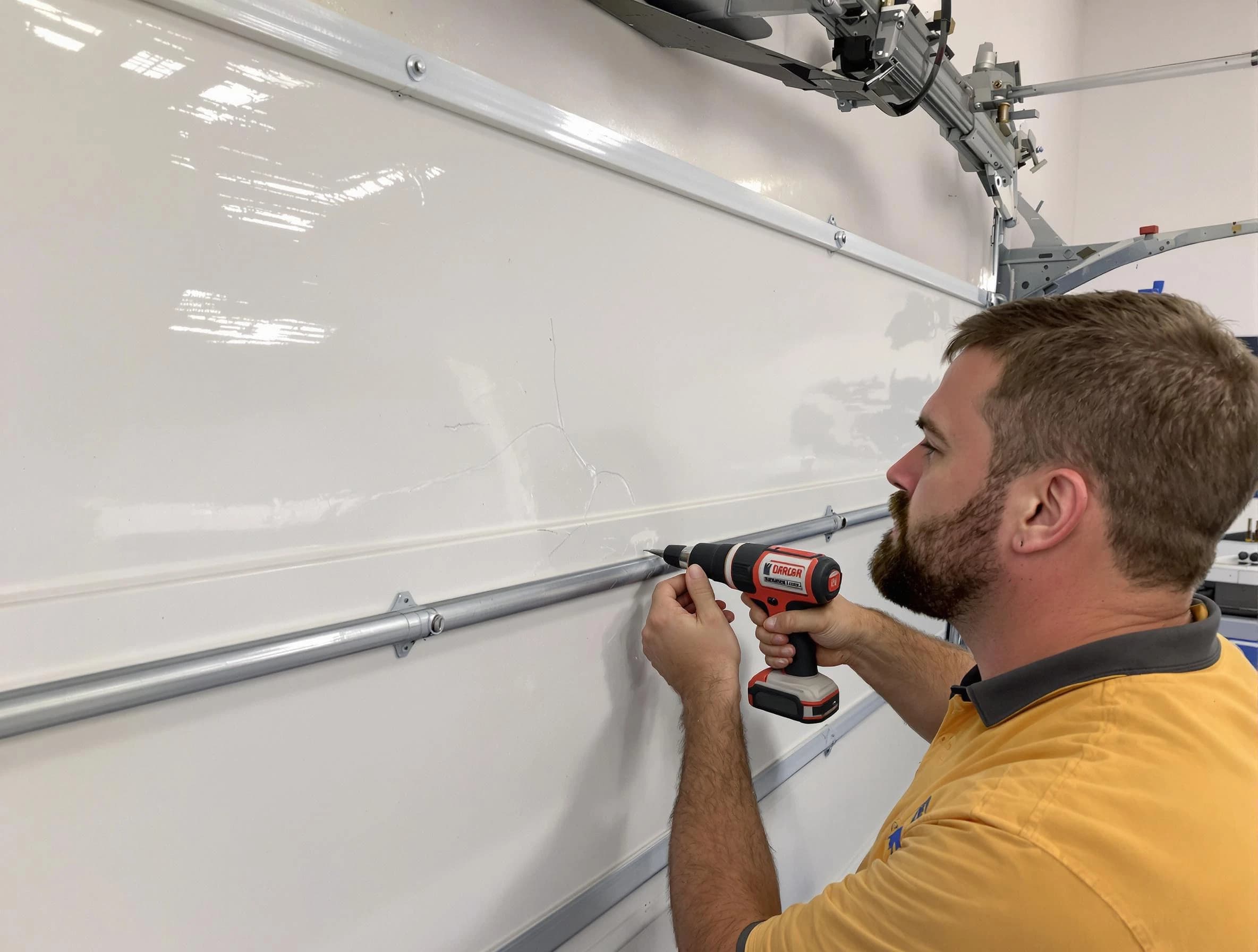 Exeter Garage Door Repair expert performing dent repair on garage door in Exeter