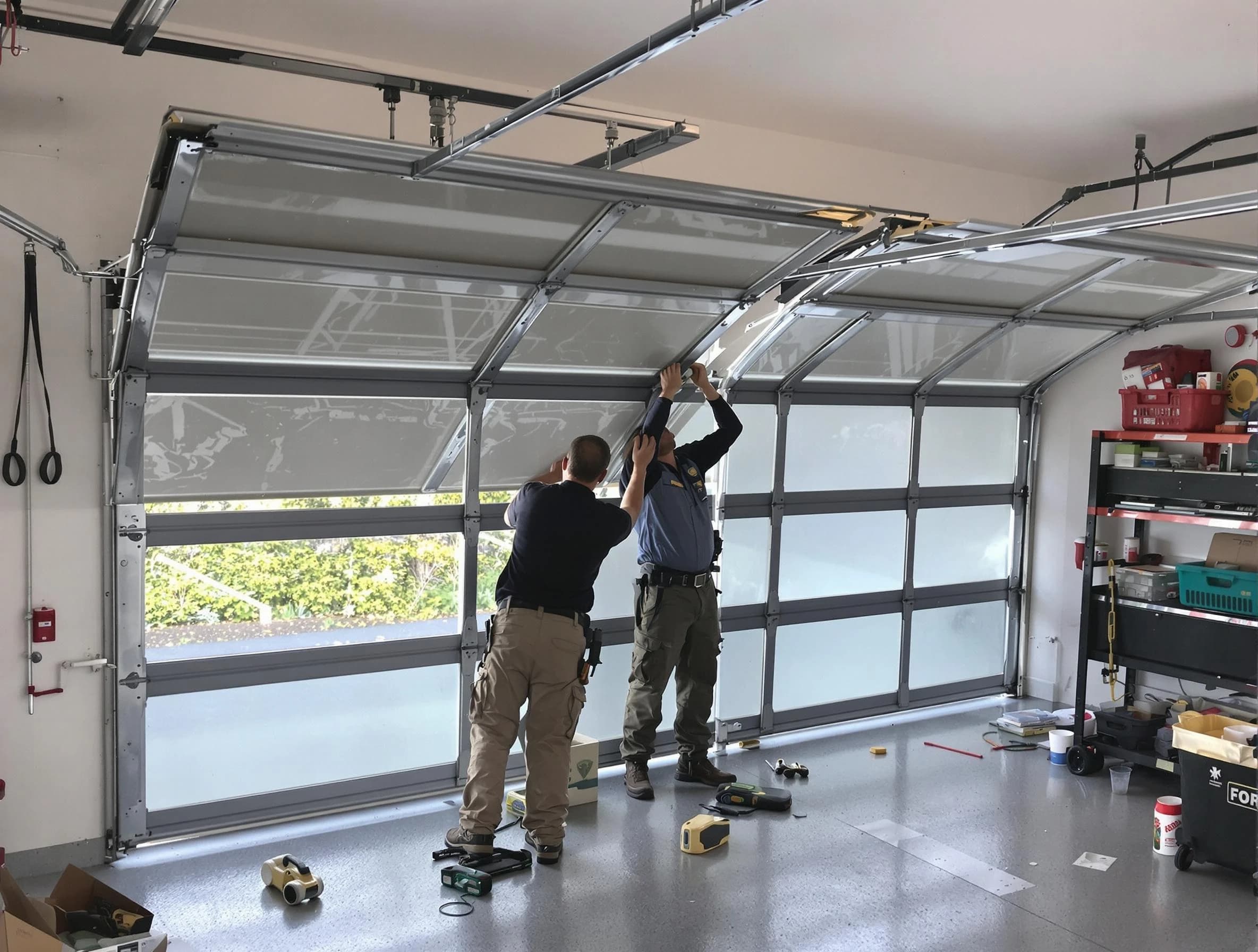 Exeter Garage Door Repair expert performing precise panel replacement on Exeter garage door