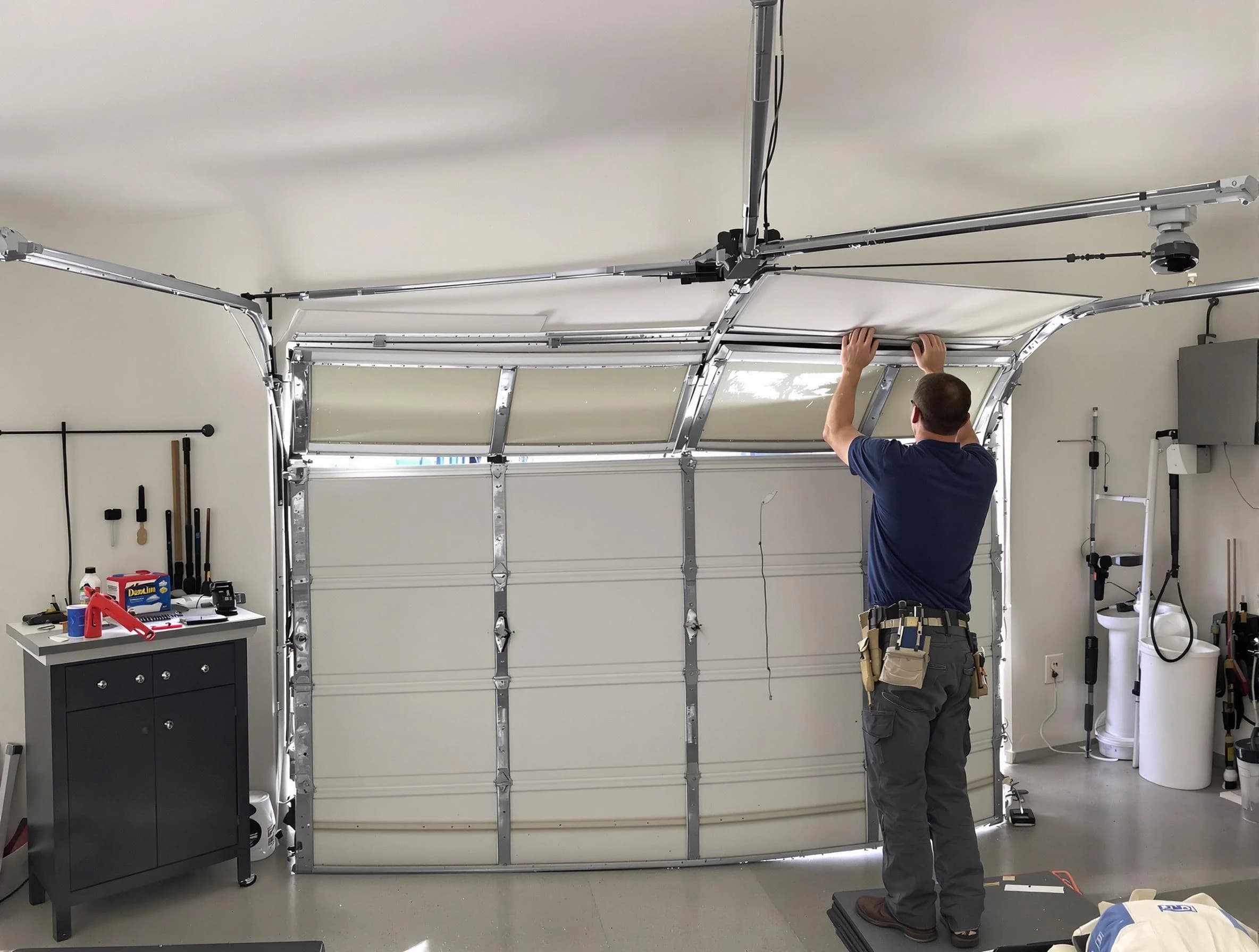 Exeter Garage Door Repair specialist performing precise section replacement on Exeter garage door