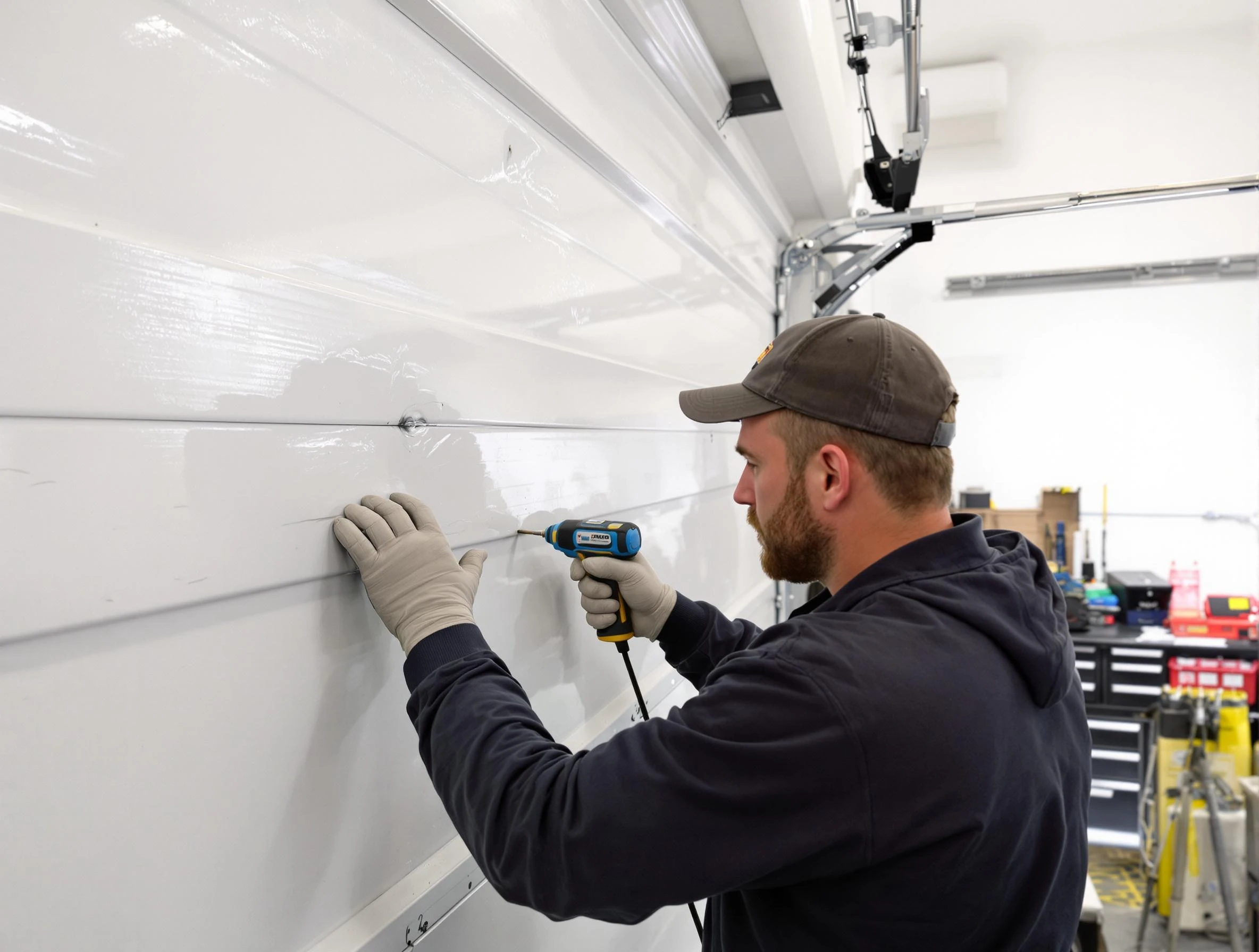 Exeter Garage Door Repair technician demonstrating precision dent removal techniques on a Exeter garage door